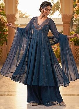 Teal Blue Georgette Zari Sequins Foil Mirror Work Anarkali Suit