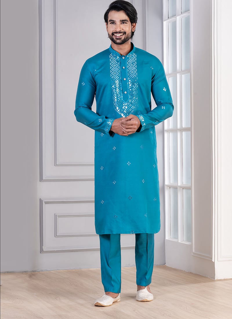 Teal Blue Glame Cotton Sequins Thread Kurta Pyjama Festive Wear