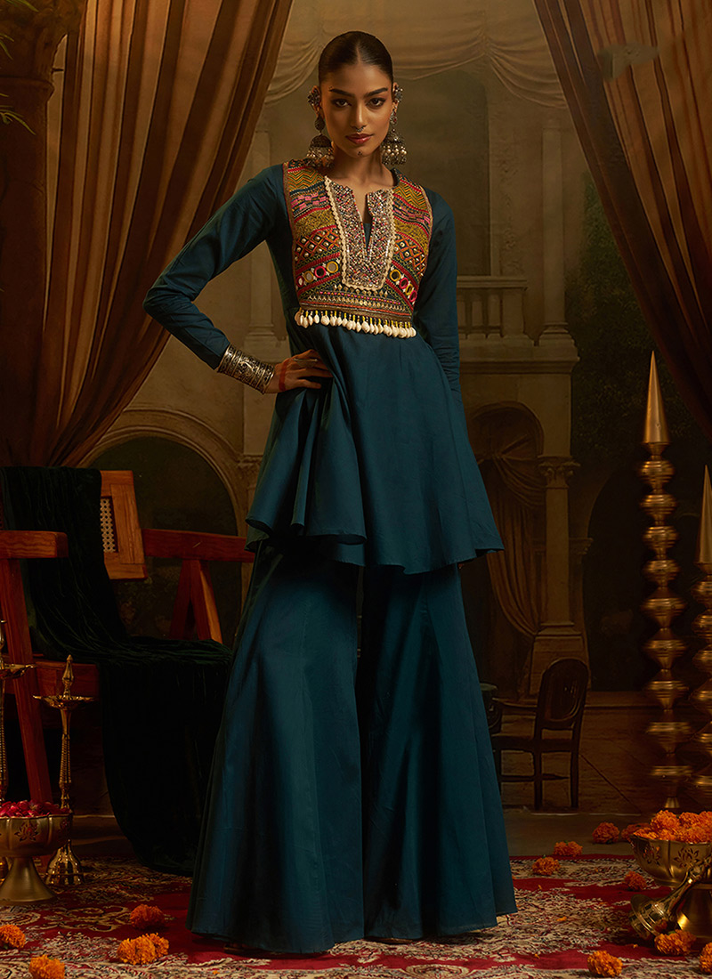 Teal Blue Hand Embroidered Mirror Work Kurta Palazzo Set Festive Wear