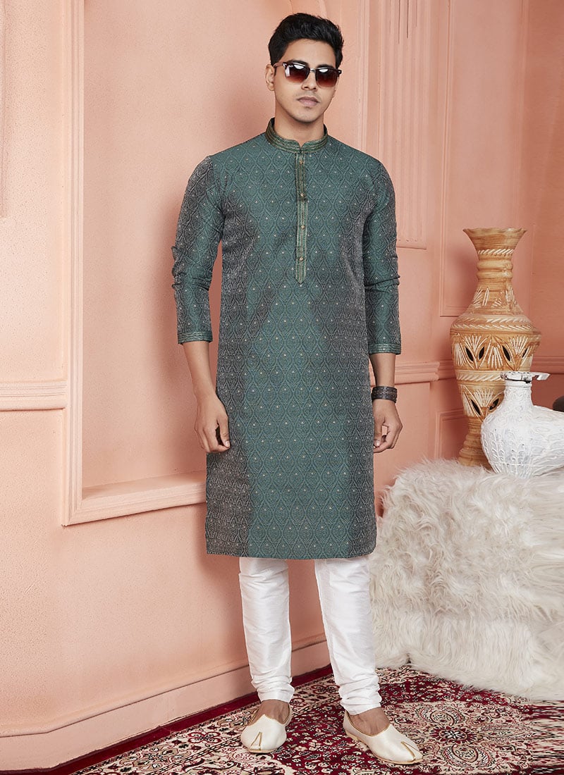 Teal Blue Jacquard Banarasi Silk Zari Work Kurta Pyjama For Men Festive Wear