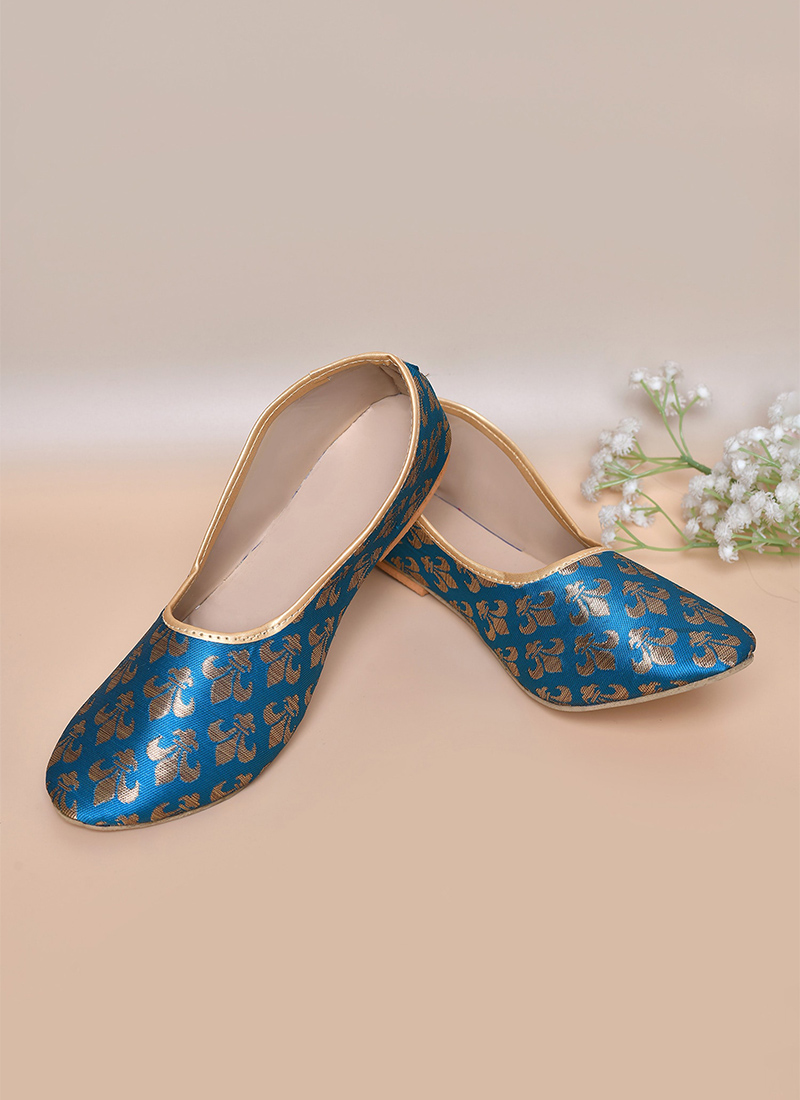 Teal Blue Jacquard Juti For Women