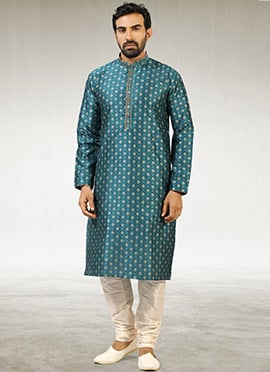 Teal Blue Jacquard Silk Brocade Kurta Pyjama