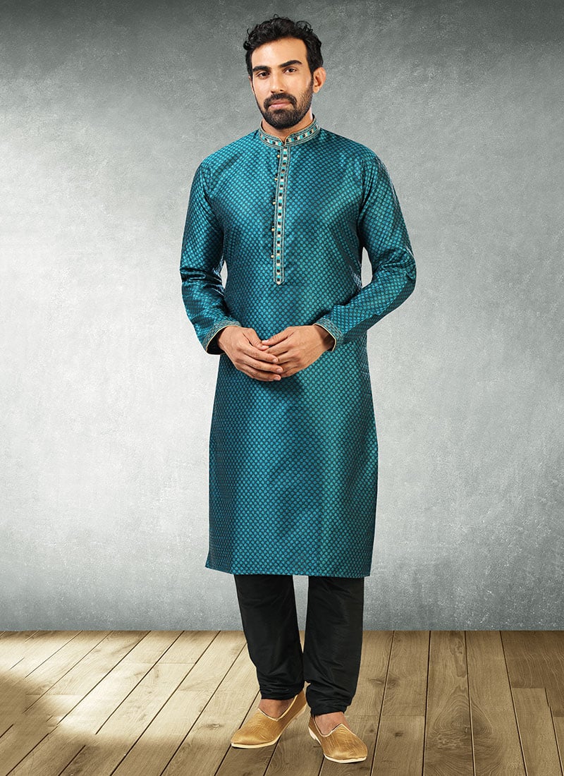 Teal Blue Jacquard Silk Pintux Kurta Pyjama Party Wear