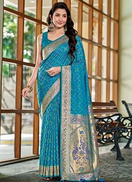 Teal Blue Jacquard Woven Zari Border Patola Banarasi Satin Silk Saree
