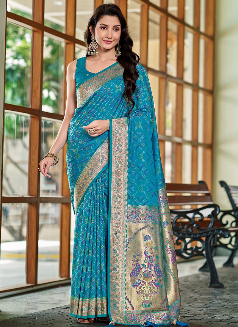 Teal Blue Jacquard Woven Zari Border Patola Banarasi Satin Silk Saree Festive Wear