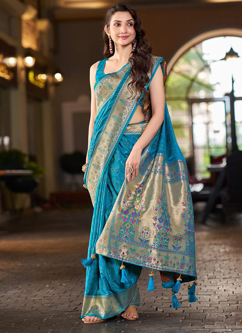 Teal Blue Jacquard Woven Zari Border Patola Banarasi Satin Silk Saree Festive Wear