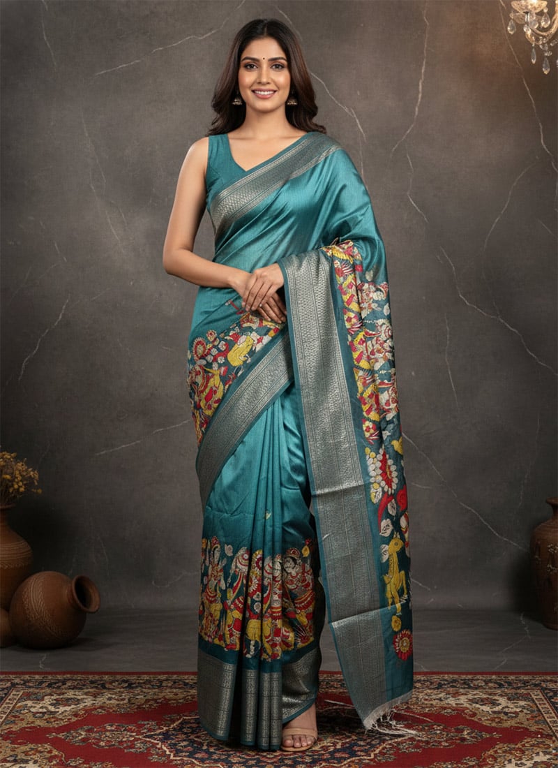 Teal Blue Kalamkari Silk Saree Festive Wear