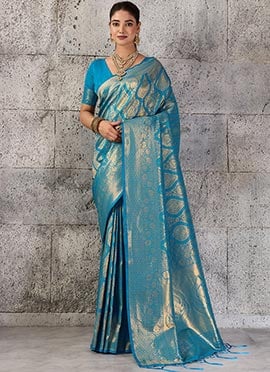 Teal Blue Kanjivaram Silk Zari Jauquard Woven Saree