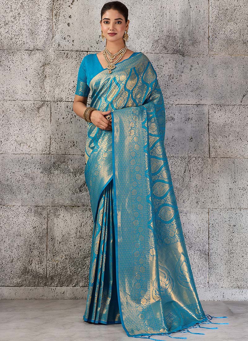 Teal Blue Kanjivaram Silk Zari Jauquard Woven Saree Festive Wear