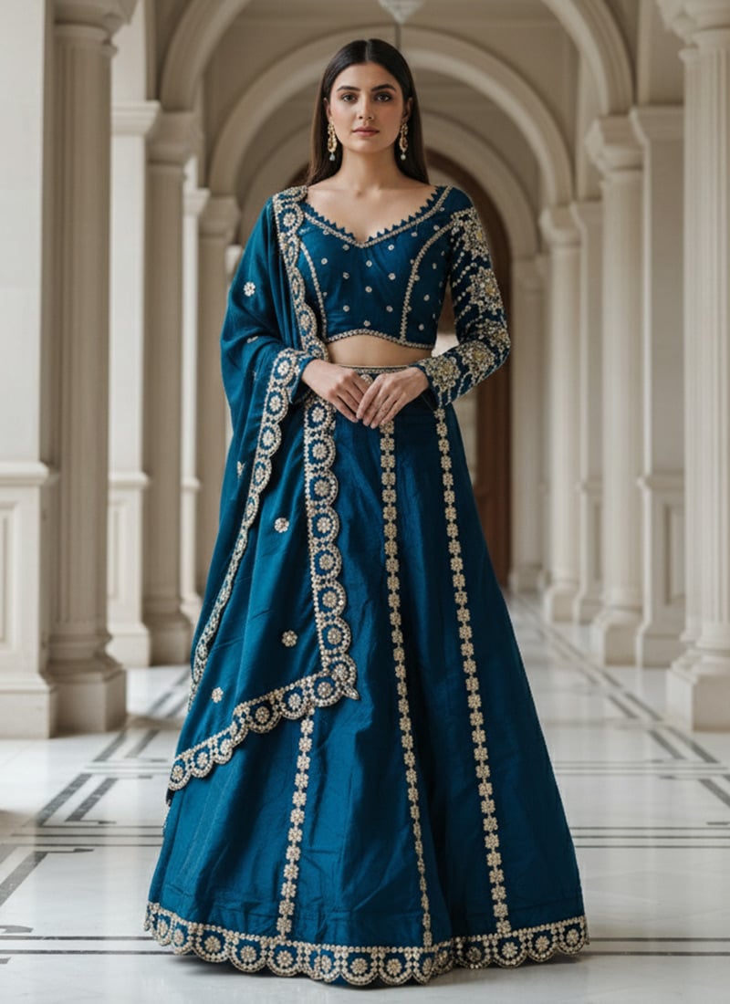 Teal Blue Malai Silk Zari Sequins Embroidered Lehenga Wedding Wear