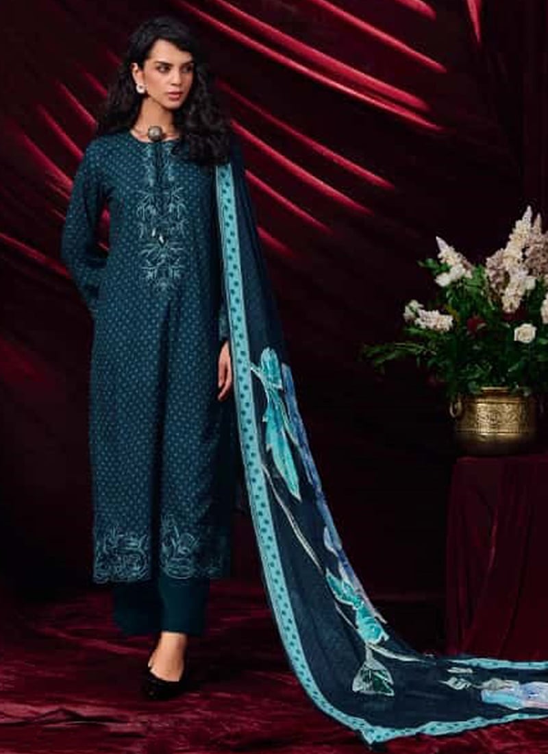 Teal Blue Muslin Digital Print Straight Pant Suit