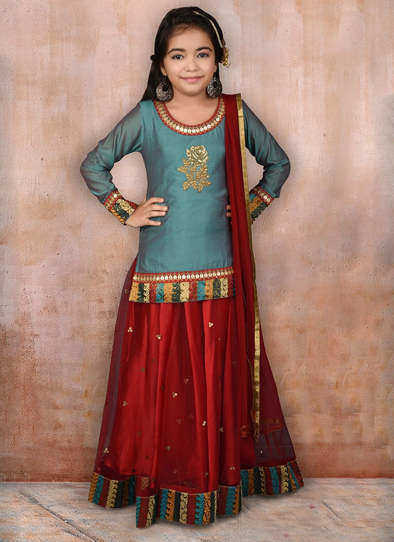 Teal Blue N Red Art Silk Lehenga 