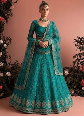 Teal Blue Net Embroidered Lehenga