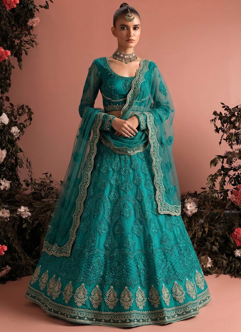 Teal Blue Net Embroidered Lehenga Wedding Wear