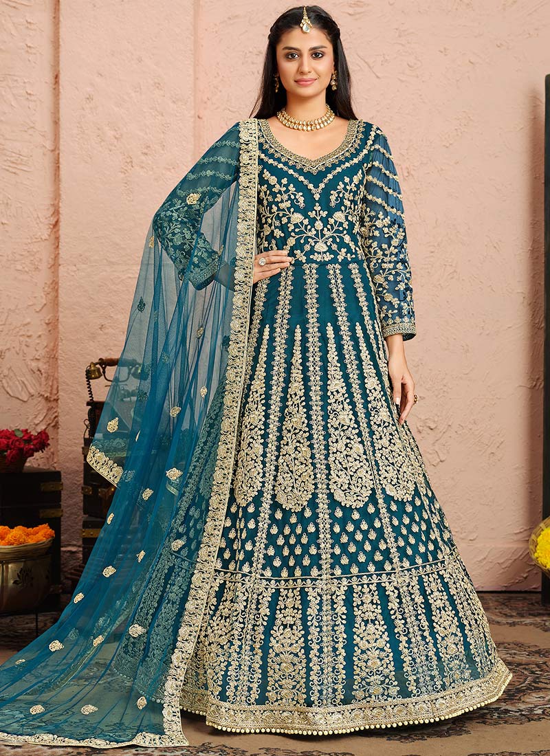 Teal Blue Net Embroidered N Sequins Anarkali Suit Wedding Wear