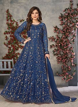 Teal Blue Net Embroidered Sequins High Slit A line Anarkali Suit