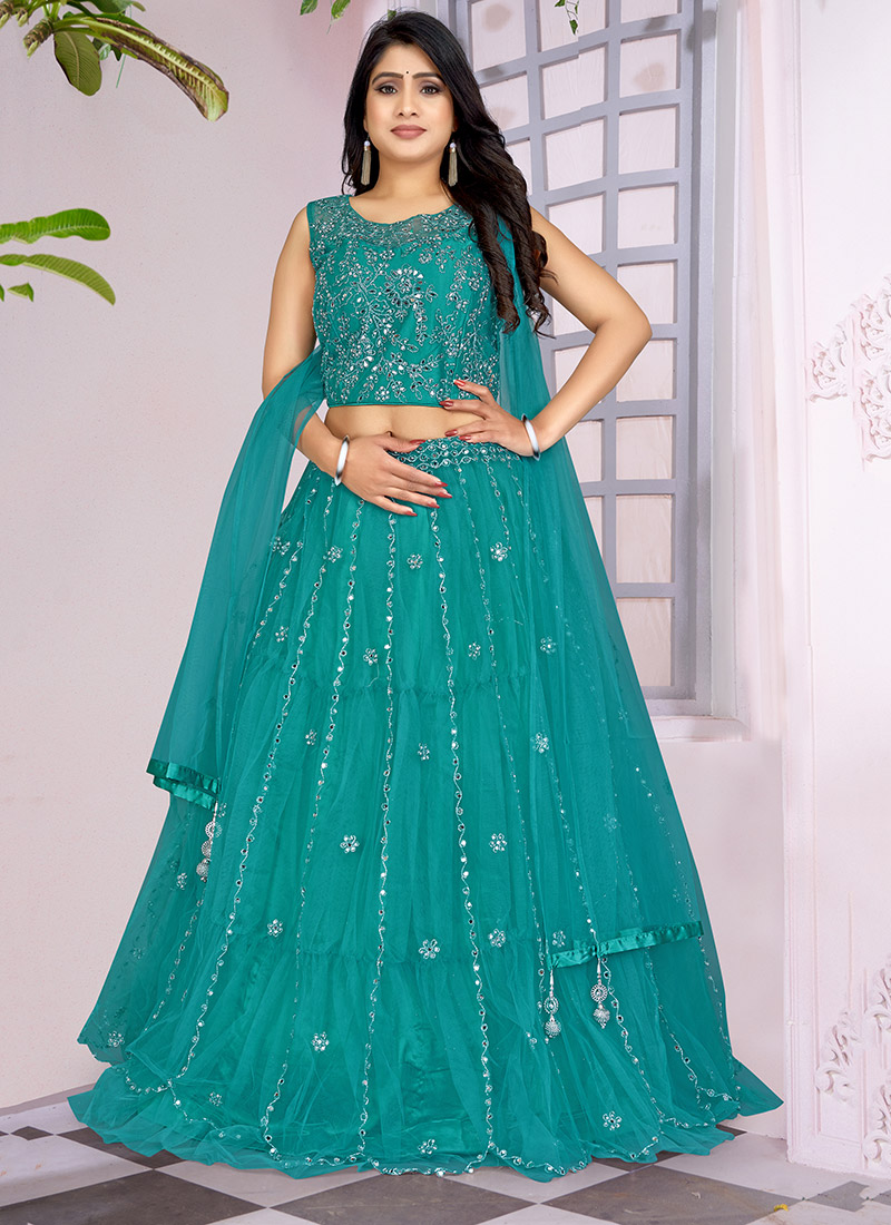 Buy Teal Blue Net Embroidery Mirror Work Umbrella Lehenga Party Wear