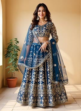 Teal Blue Net Lehenga With Embroidery And Sequins Work