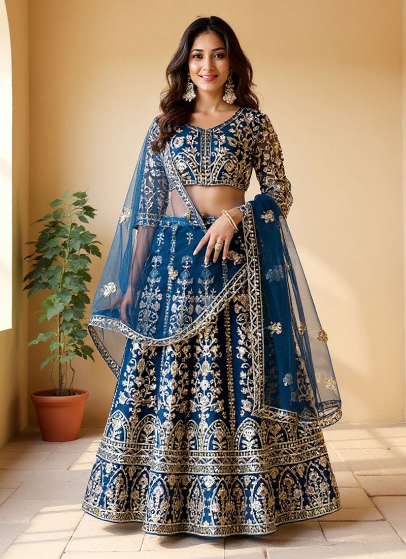 Teal Blue Net Lehenga With Embroidery And Sequins Work Wedding Wear