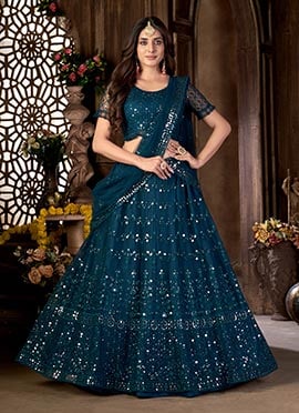 Teal Blue Net Sequins Embroidered Umbrella Lehenga