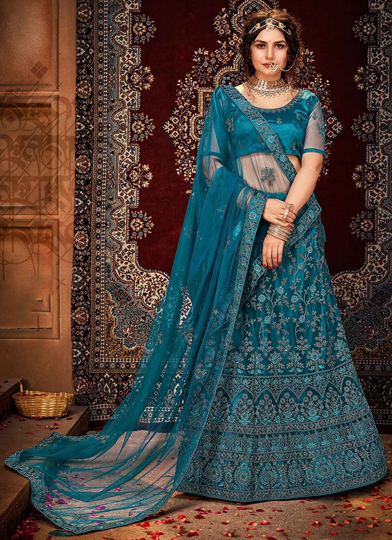 Teal Blue Net Zari Embroidery Umbrella Lehenga Party Wear