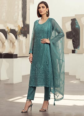 Teal Blue Organza Chiffon Embroidered Straight Pant Suit
