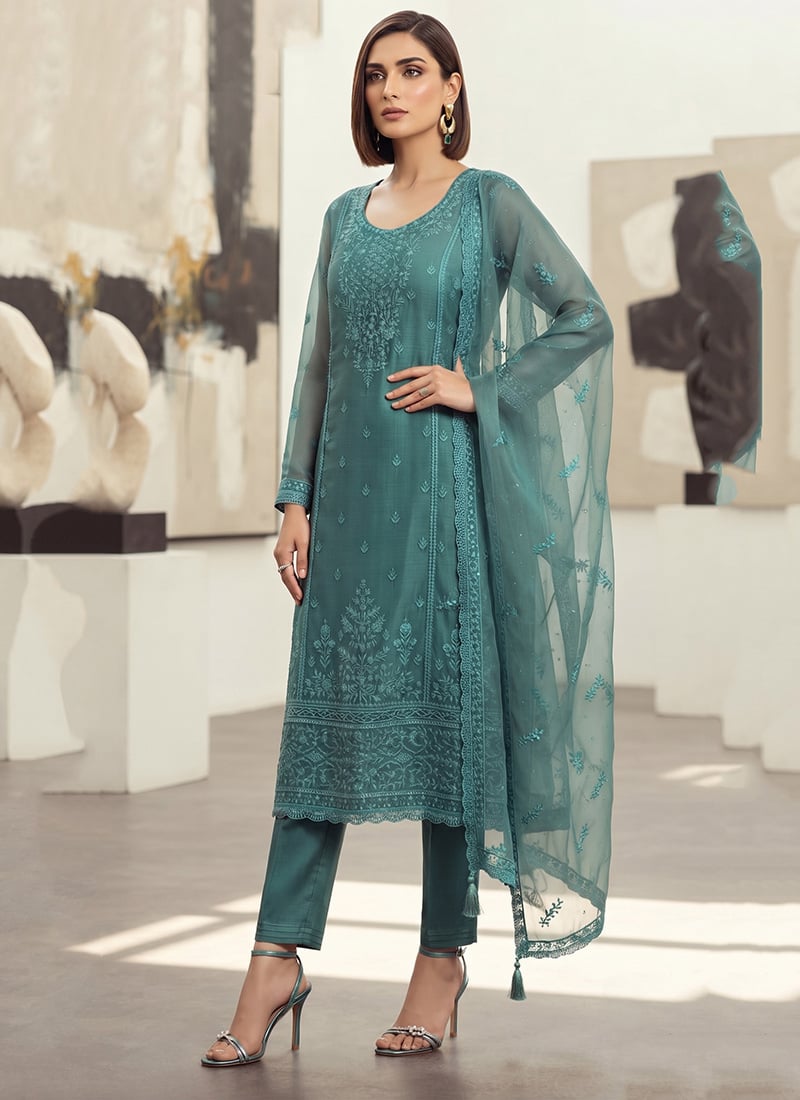 Teal Blue Organza Chiffon Embroidered Straight Pant Suit Festive Wear