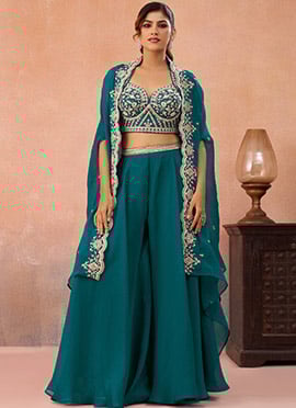 Teal Blue Organza Embroidered Sequins With Beads Work Jacket Palazzo Crop Top Set