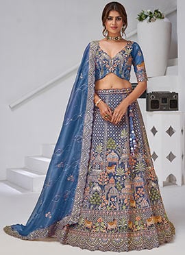Teal Blue Organza Tissue Zari Embroidered Sequins With Stone Work Lehenga