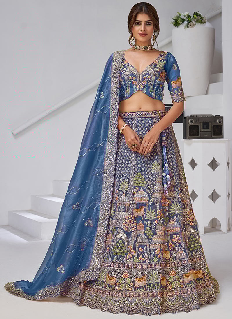 Teal Blue Organza Tissue Zari Embroidered Sequins With Stone Work Lehenga Wedding Wear