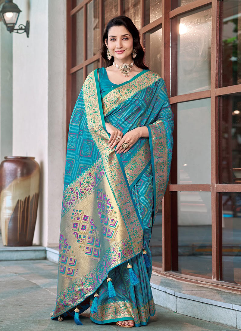 Teal Blue Patola Banarasi Satin Silk Jacquard Woven Zari Border Saree Festive Wear