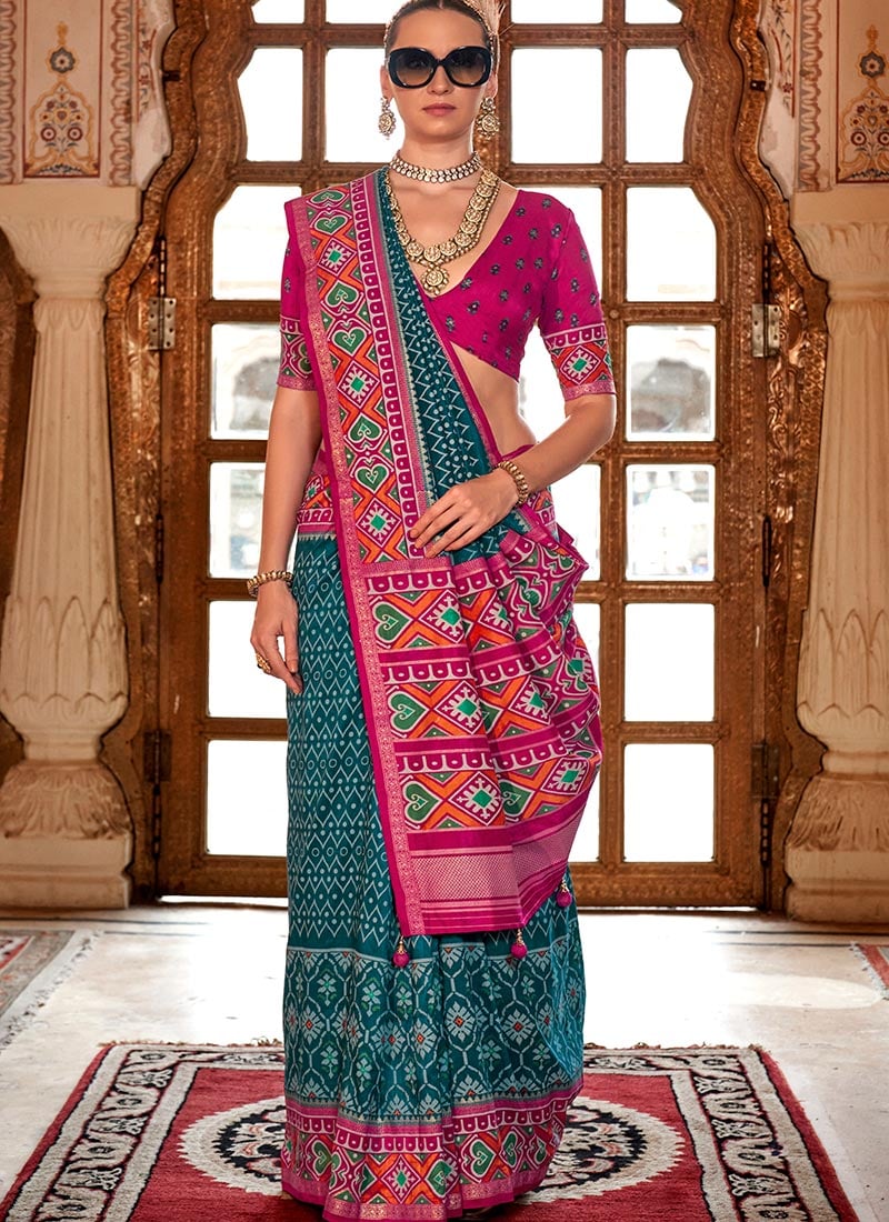 Teal Blue PV Silk Digital Patola Print Saree  Festive Wear