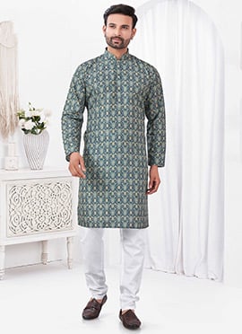 Teal Blue Rayon Cotton Printed Kurta Pyjama