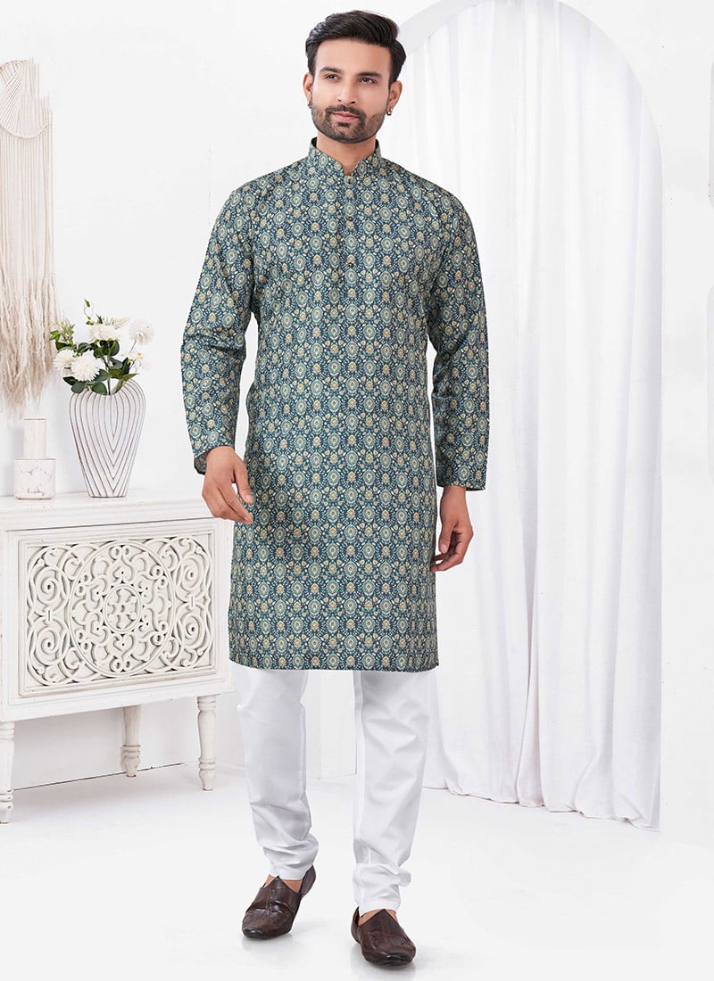 Teal Blue Rayon Cotton Printed Kurta Pyjama Festive Wear