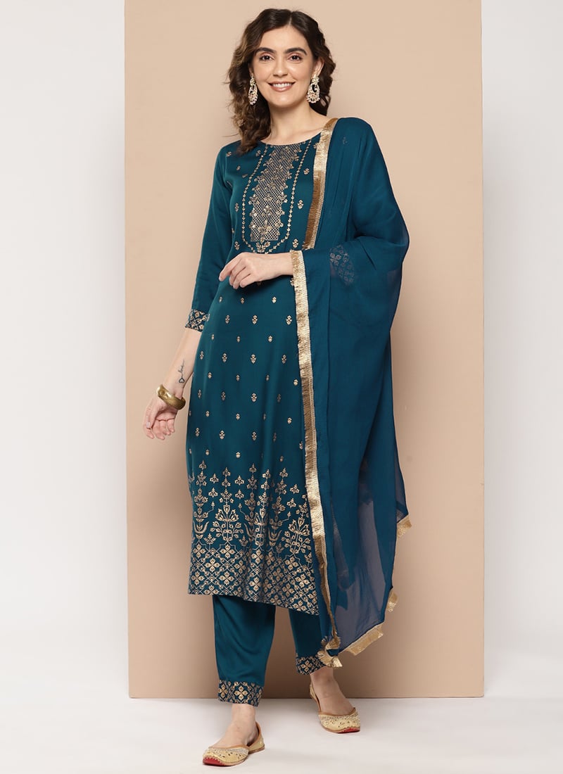 Teal Blue Rayon Golden Print Straight Pant Suit After Six Wear