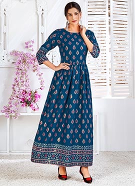 Teal Blue Rayon Pigment Foil Print Anarkali Gown