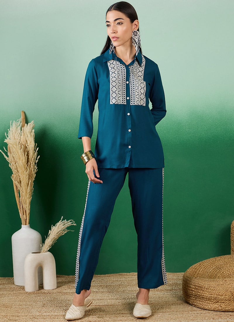 Teal Blue Rayon Sequins Indowestern Co ord Set