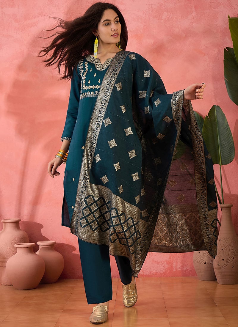 Teal Blue Roman Silk Embroidered Straight Pant Suit With Jacquard Dupatta Festive Wear