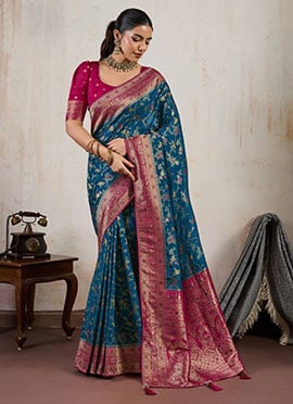 Teal Blue Satin Blend Zari Saree