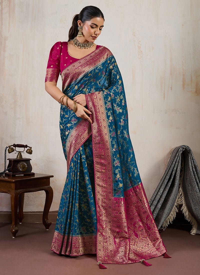 Teal Blue Satin Blend Zari Saree Festive Wear