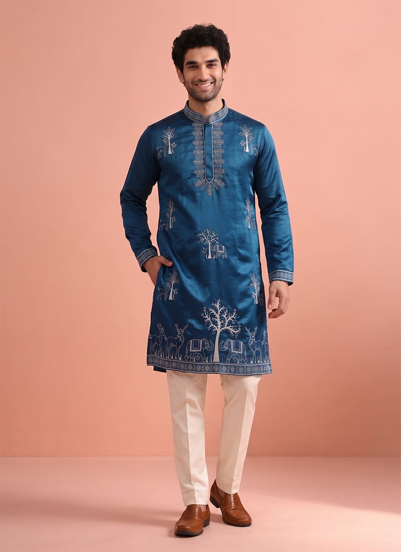 Teal Blue Satin Embroidered Kurta Pyjama For Men Festive Wear