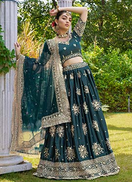 Teal Green Satin Embroidered Sequins Umbrella Lehenga For Elegant Women