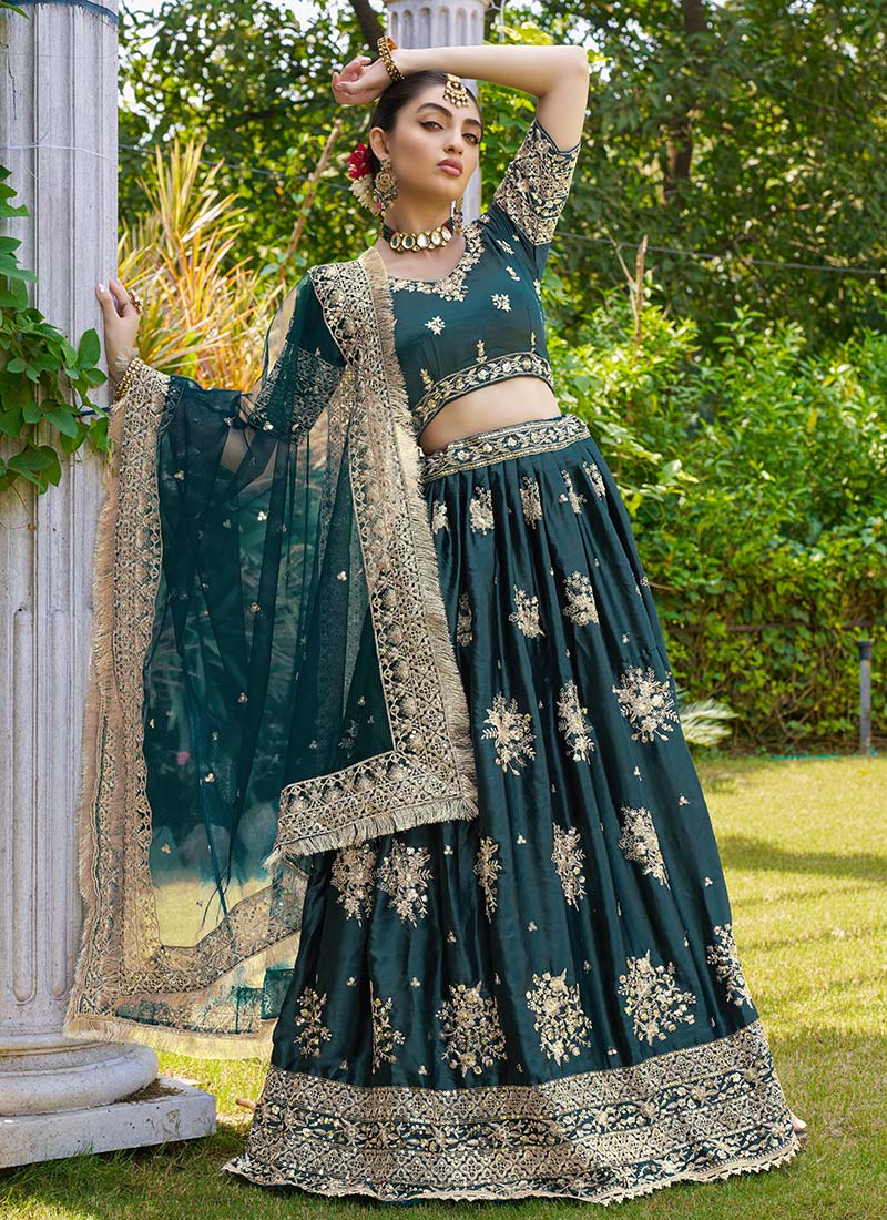 Teal Green Satin Embroidered Sequins Umbrella Lehenga For Elegant Women Wedding Wear
