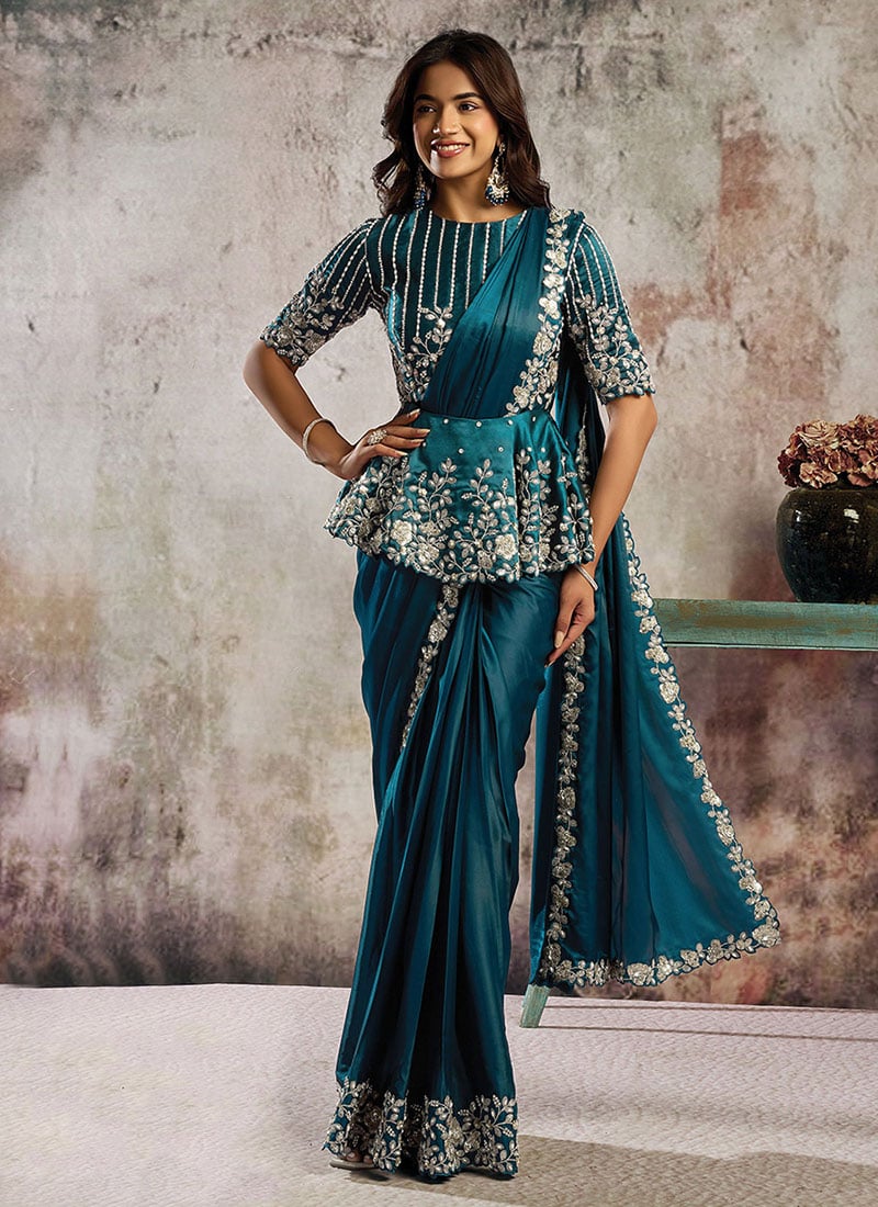 Teal Blue Satin Hand Embroidered Sequins With Beads Work Pre Draped Peplum Style Saree Wedding Wear
