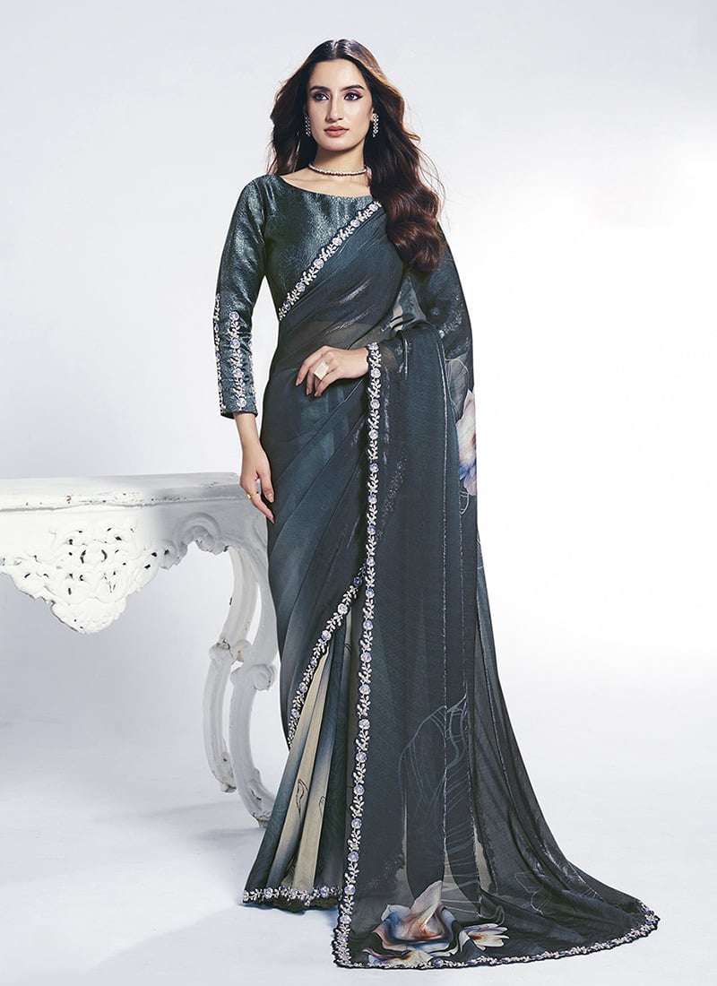 Teal Blue Satin Silk Embroidery With Stone Saree Festive Wear
