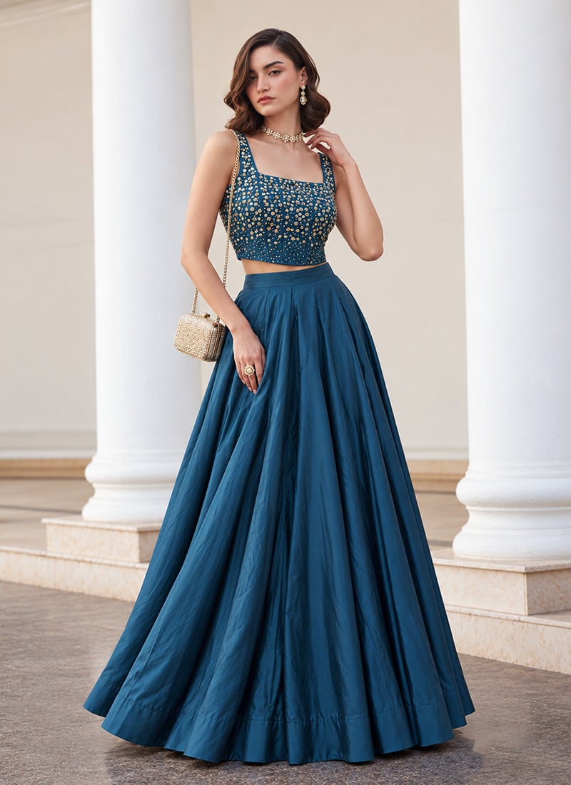 Teal Blue Sequins Embellished Silk Indowestern Crop Top Skirt Set After Six Wear