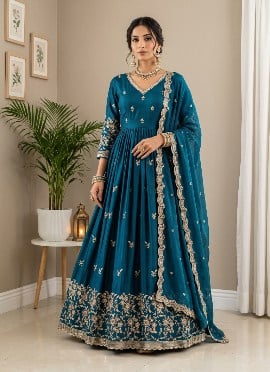 Teal Blue Sequins Embroidered Silk Anarkali Suit
