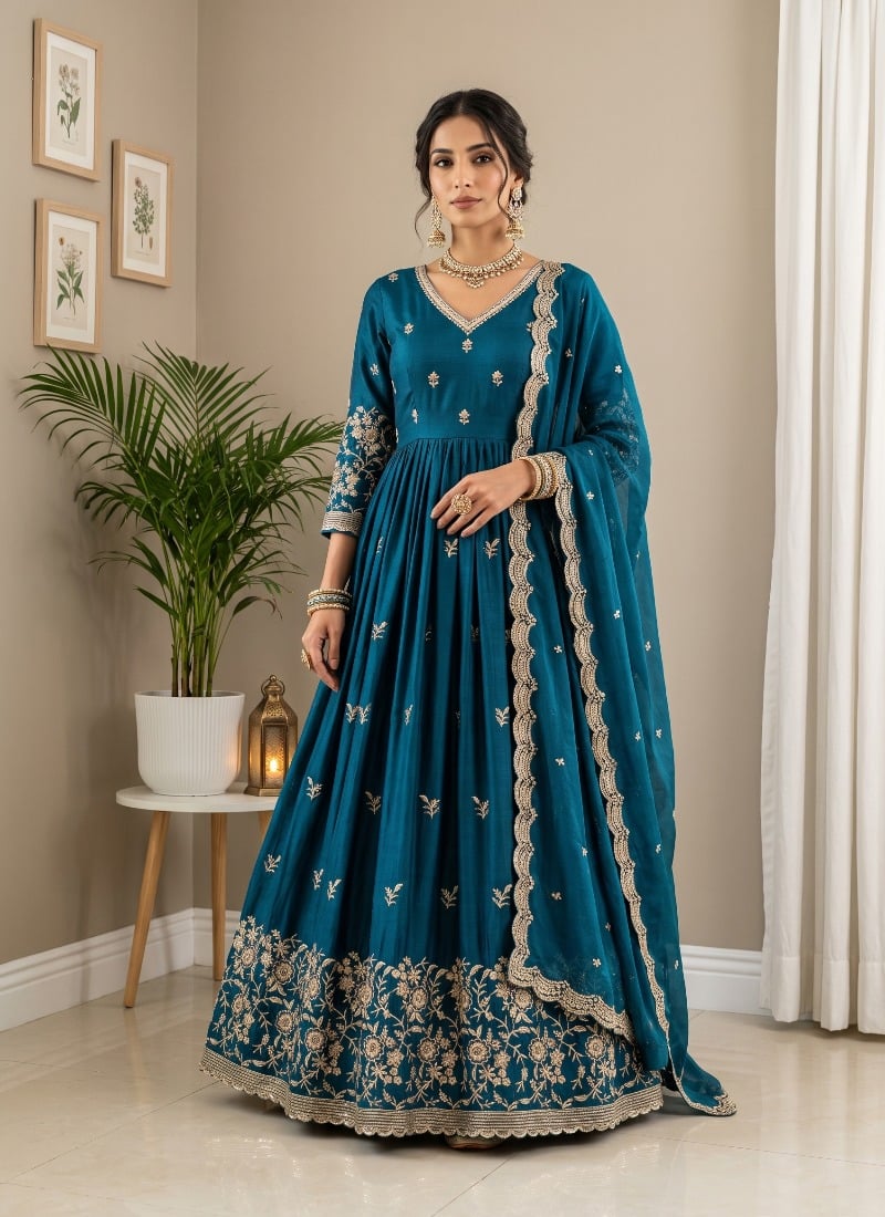 Teal Blue Sequins Embroidered Silk Anarkali Suit After Six Wear
