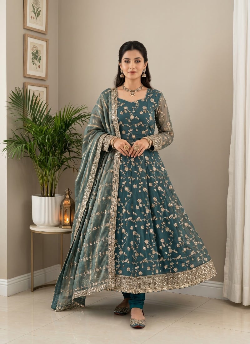 Teal Blue Sequins Embroidered Silk Straight Pant Suit After Six Wear