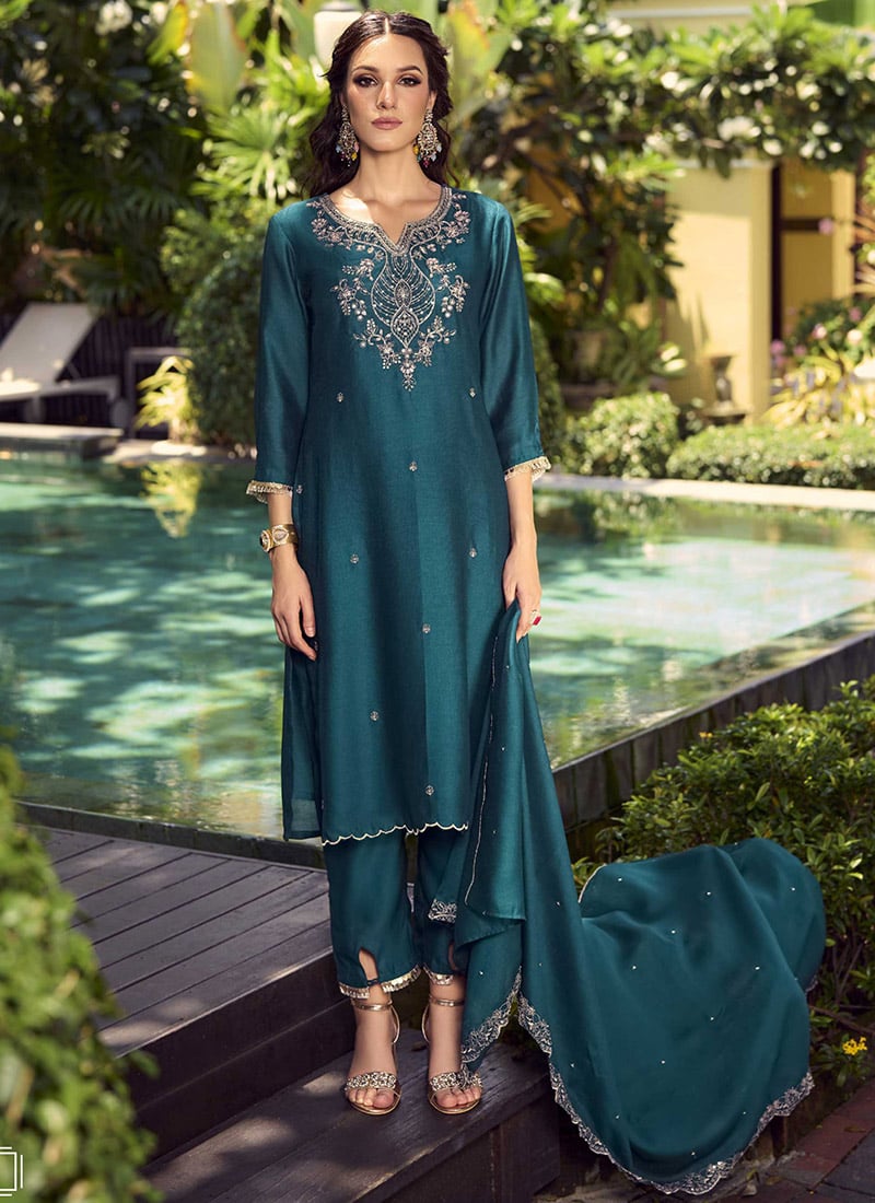 Teal Blue Shimmer Vichitra Silk Hand Embroidered Straight Pant Suit After Six Wear